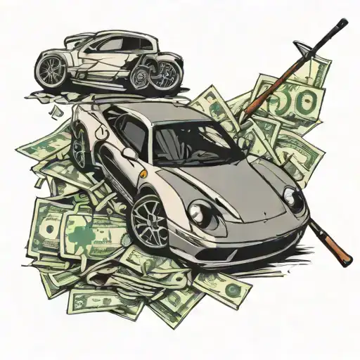A Pile Of Money With A Golf Club And A Ferrari F1 Car