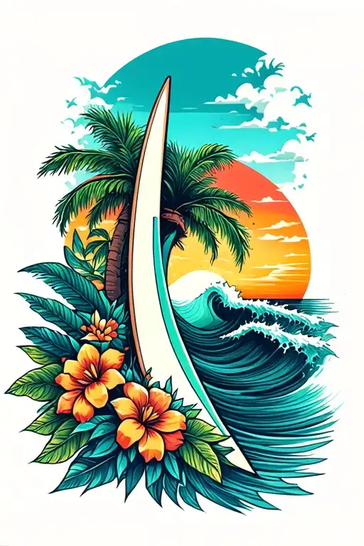 Longboard Surfboard With Wave And Sunset Scene Inside And Palm Tree And Flowers Around The Board