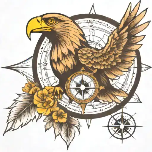 Create Me A Tattoo With A Compass Rose With An Eagle's Head With Half A Wing And An Open Beak