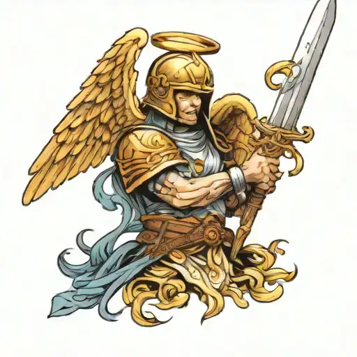 Angel Holding Sword Flowing Hair Beautiful Helmet