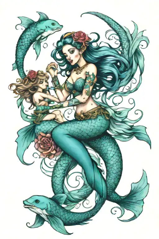 Mermaid Surrounded By Two Mermaid Children Playing