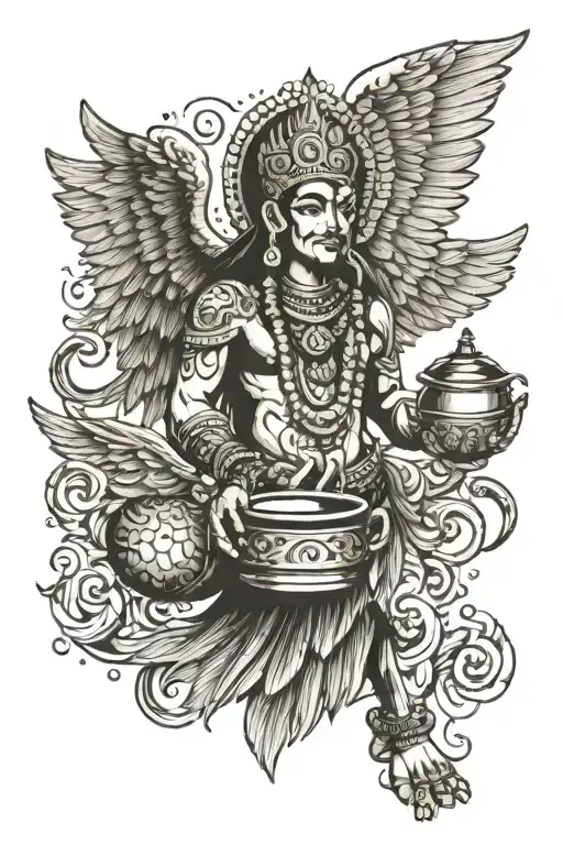 Indian God Wi Th Wings And Holding A Pot Standing Wings Open And Smiling