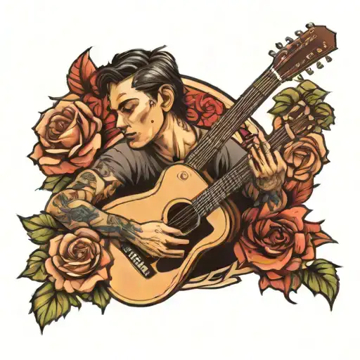 A Realistic Portrait Of A Musician Playing A Guitar Surrounded By Roses