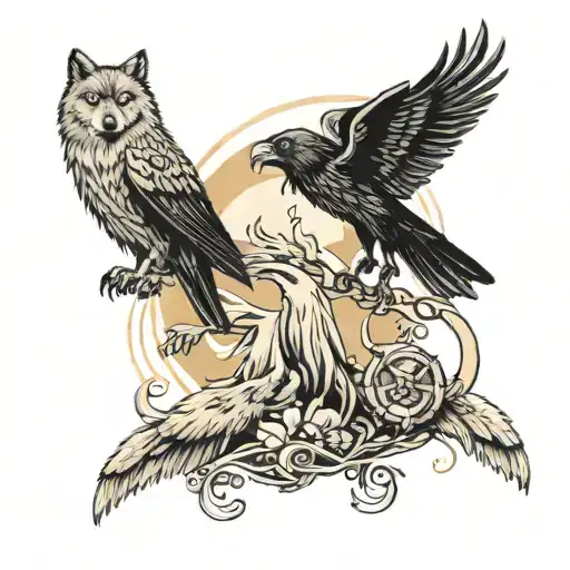 Wolf And Lion With Owl And Raven Flying