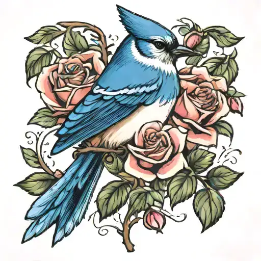 Blue Bird Blue Jay Standing On Rose And Stem The Word Nanny