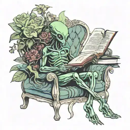 Alien Sitting On The Sofa Surrounded By Flowers Reading A Book