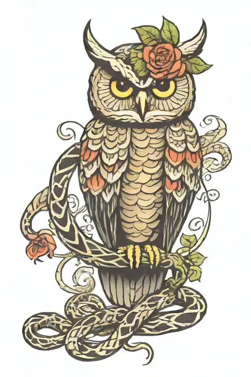 Snakes Wrapped Round Owl Perched