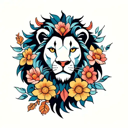 Totem Lion With Flowers Intertwined Symbolizing Courage And Protection