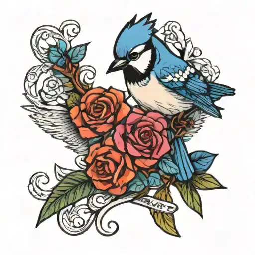 Blue Jay Perched Bed Of Roses Cross Faith Hope Love