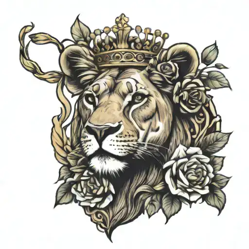 Roses And Lioness Wearing A Crown