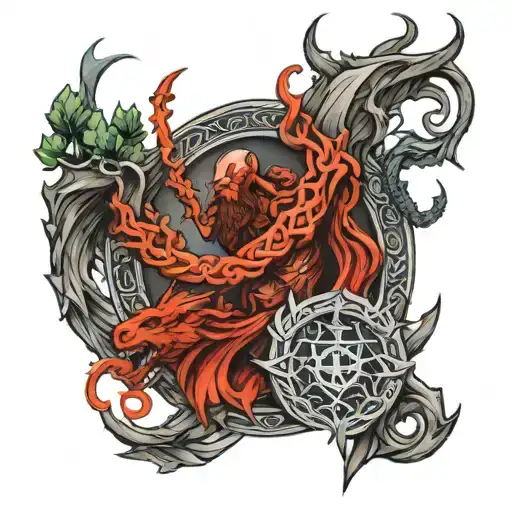Norse Tattoo With Kratos And Iggdrasil