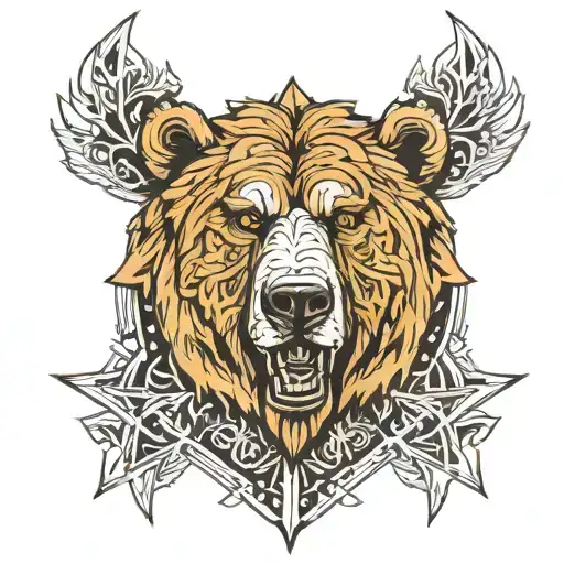 The Head Of A Growling Bear And The Star Of Rus' Rune Tattoo On The Chest