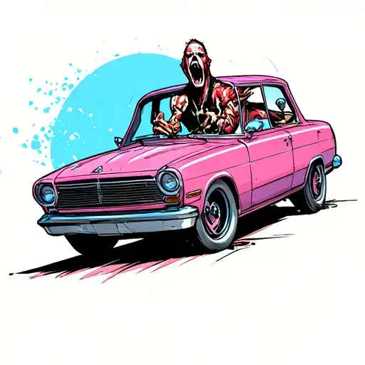 Scream Character Driving A Pink Car
