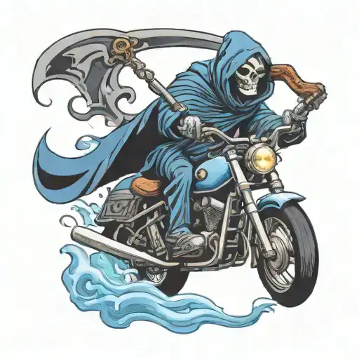 Blue Grim Reaper On A Motorcycle With A Logo That Says Dark Souls
