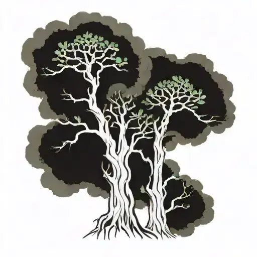 Two Trees On Male And One Female Separate Trunks But Roots And Branches Starting To Intertwine