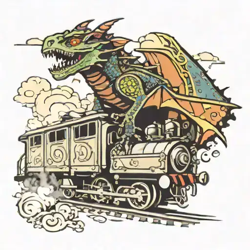 A Train In Front And Above The Train A Dragon Holding It With Its Claws And Flying