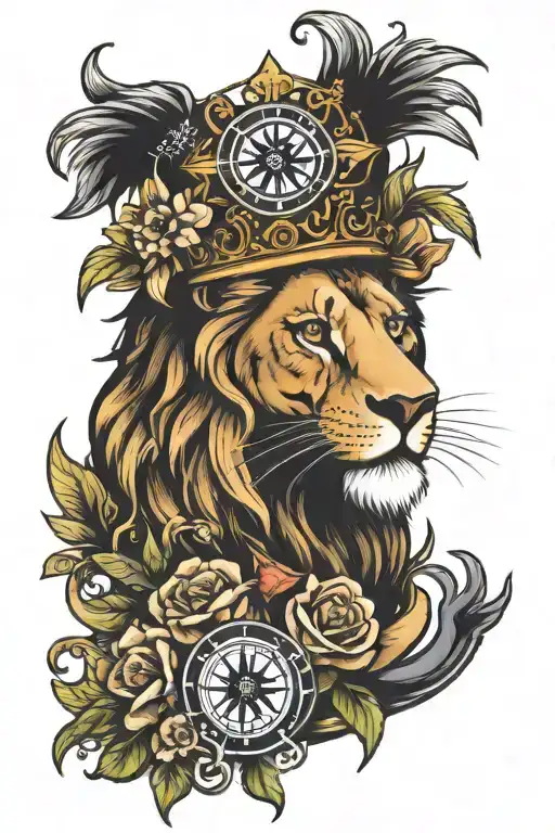 Lion With Compass Crown And Snake With Flowers