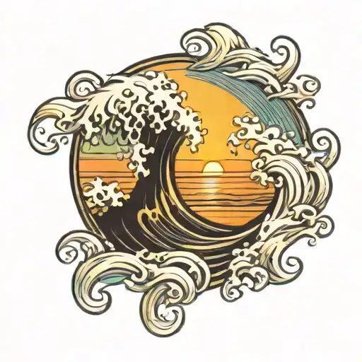 Waves And Sun Setting