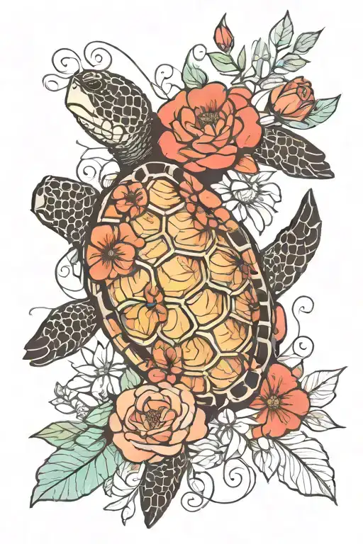 Turtle And Flowers Intertwined