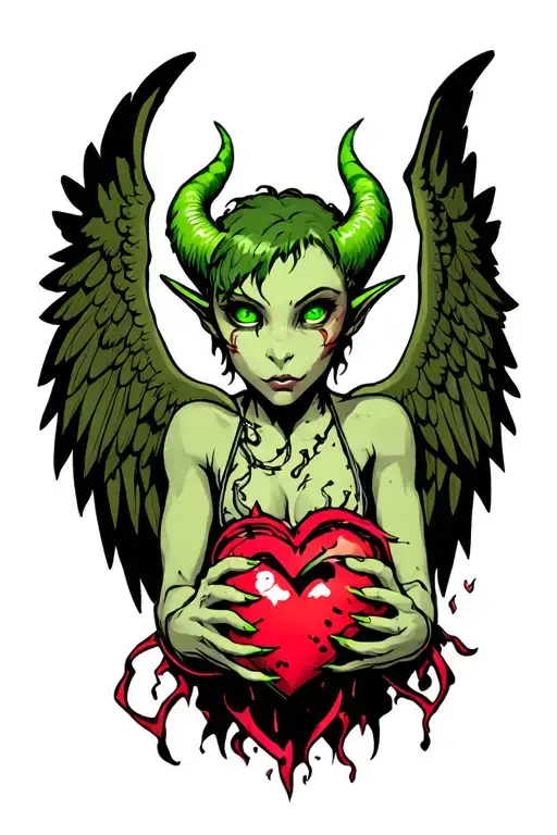 Green Eyed Devil Holding Severed Wings And A Broken Heart