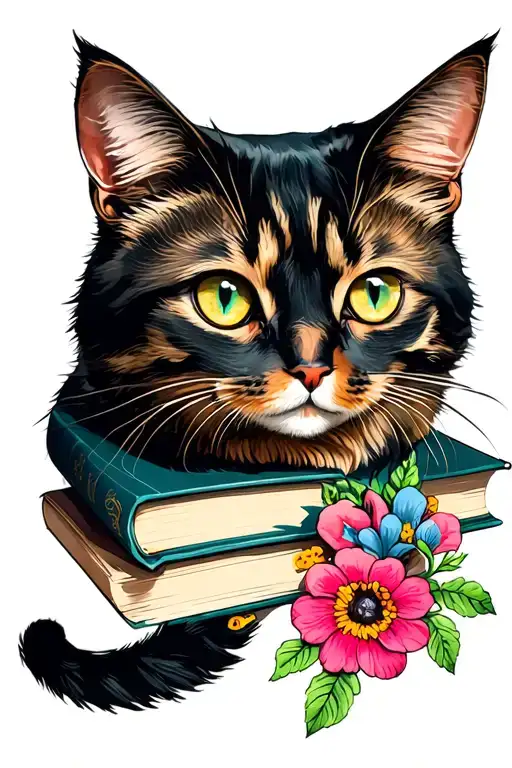Cat On Books With Flowers