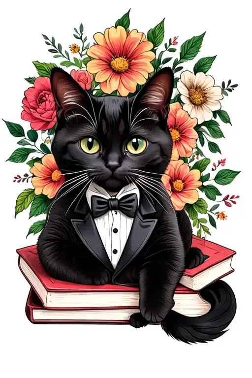 Cute Tuxedo Cat Sitting On Books With Flowers