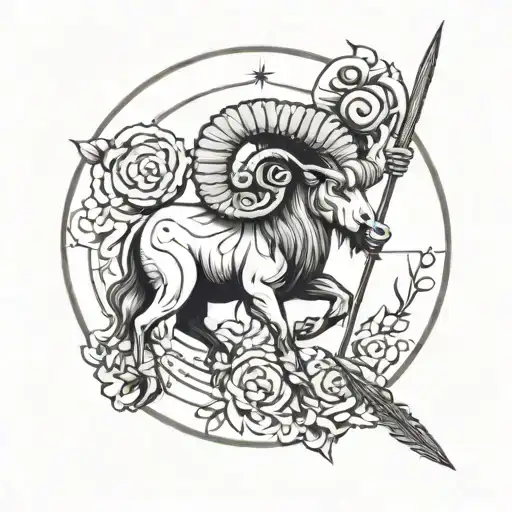 Zodiac Sign Aries In Full Length With A Spear In Thin Lines