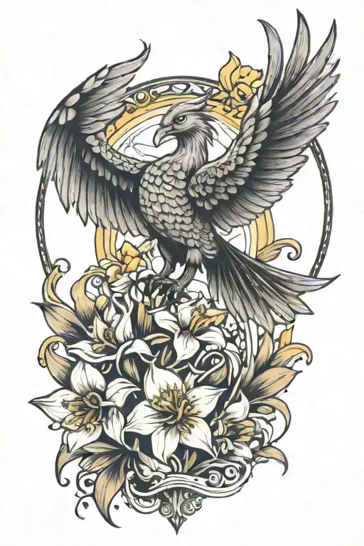 Phoenix Rising From A Book Open With Daffodils And Tulips