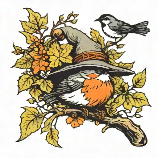 Witch Hat With Robin And Chickadee Branch Leaf
