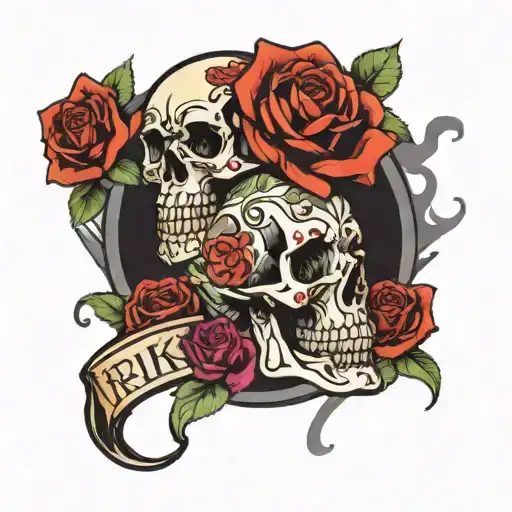 Riku Name With Skull And Roses Blooming
