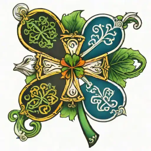 Irish Family Crest Cross And 4 Leaf Clover Intertwined