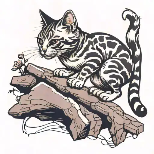 The Cat Climbs Up The Ledges And Reaches Up With One Paw