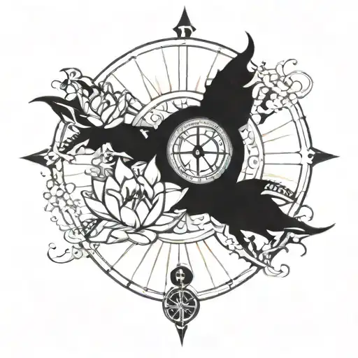 Lotuses With A Compass With The Sun Of Argentina In The Center Of The Compass And A Treble Clef