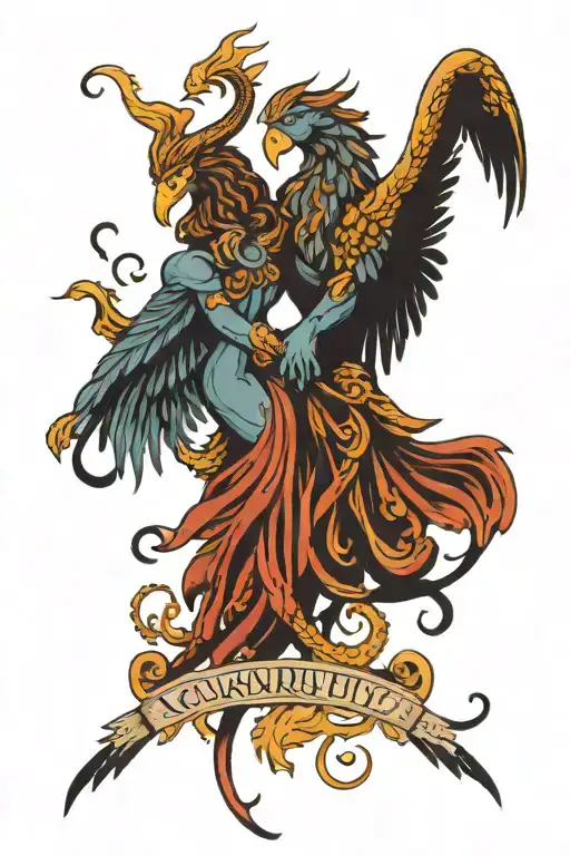 Aquarius And Libra Symbol Intertwined With A Griffin And Phoenix Dancing