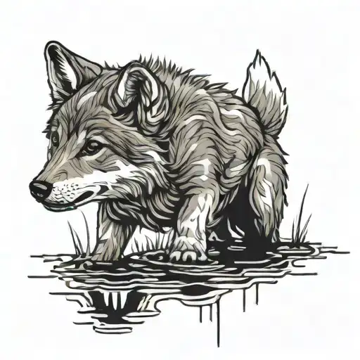 Wolf Pup Starring Into Lake Reflecting