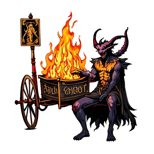 Demon Holding Tarot Cart With Fire Scene
