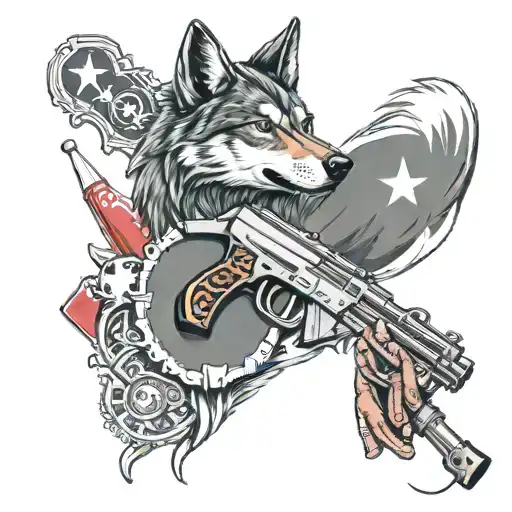 Sleev Beased Wolf With Turkish Flag A Ak 47 Gun A Watch And Some Poker Cards