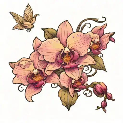 Orchid Flower With Dove Flying