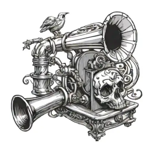 Skull Gramophone Sketch Style Design
