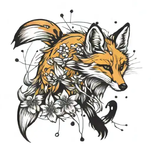 A Neotraditional Design Of A Fox With Lycoris Radiata Petals Falling Around It Like Rain