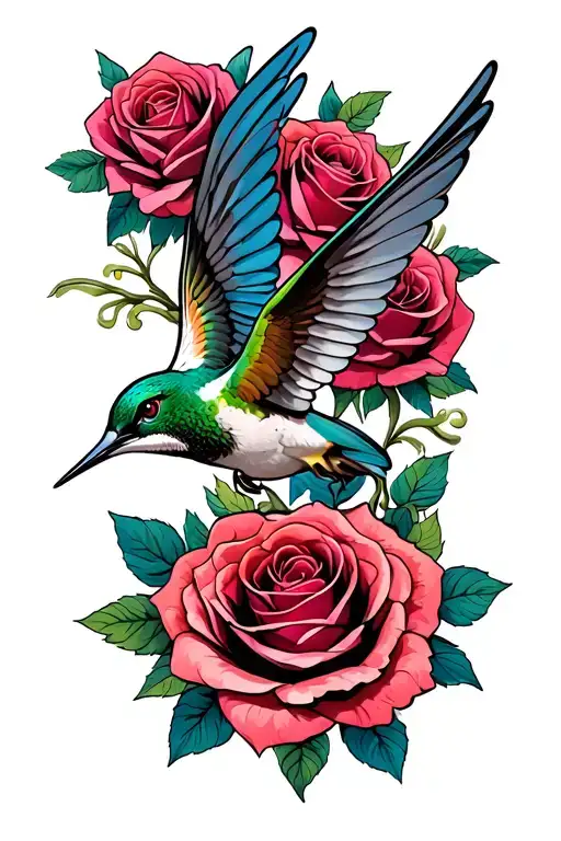 Lion Head Humming Bird Flying 4 Roses Surrounding