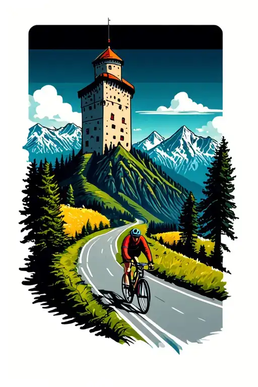 Cycling Up A Curvy Mountain Road In The Alps That Lead Towards A Tower