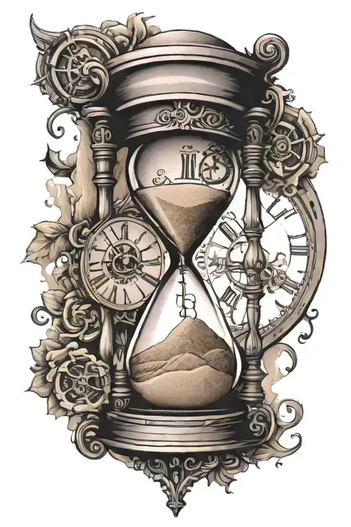 Hour Glass With A Clock In The Upper Part Turning Into Sand In The Lower Part