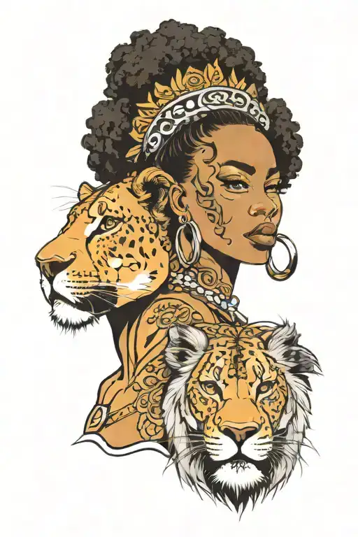 Split Half Lioness Face Half Black Woman Face With Afro