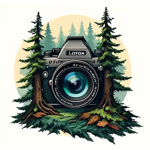 An Intricate Forest Landscape With A Hidden Camera Lens Peeking Through The Trees