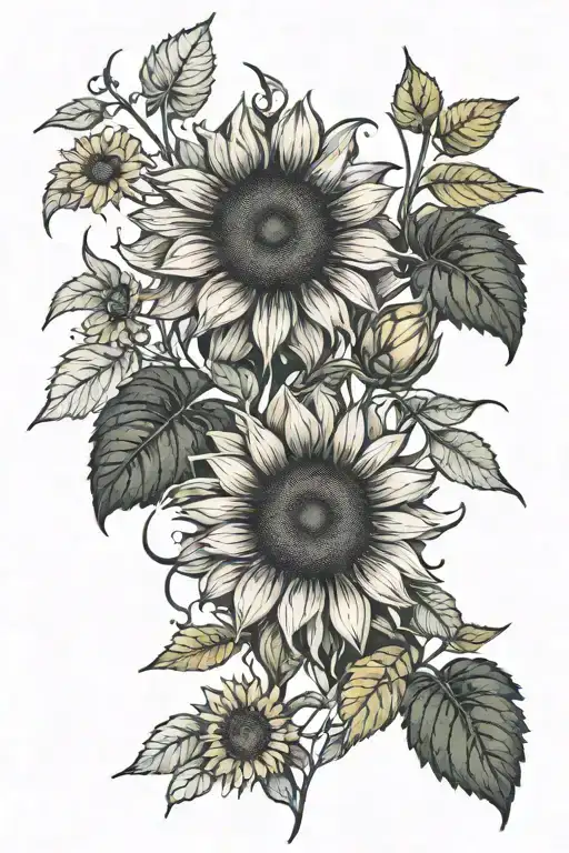 All Black Forearm Tattoo Sunflowers Weeds Weed Plant Curly Vines Birds