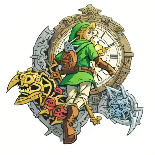 Link From Legend Of Zelda Ocarina Of Time Walking Infront Of A Giant Clock