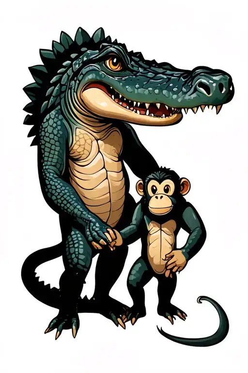 Alligator And Monkey Friends Holding Hands