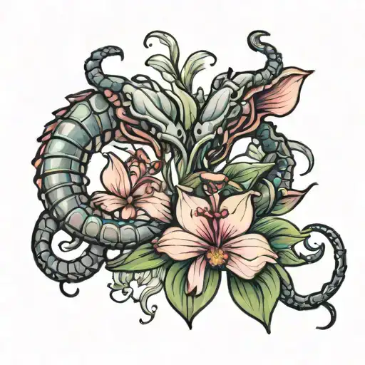 Two Scorpions Holding An Orchid