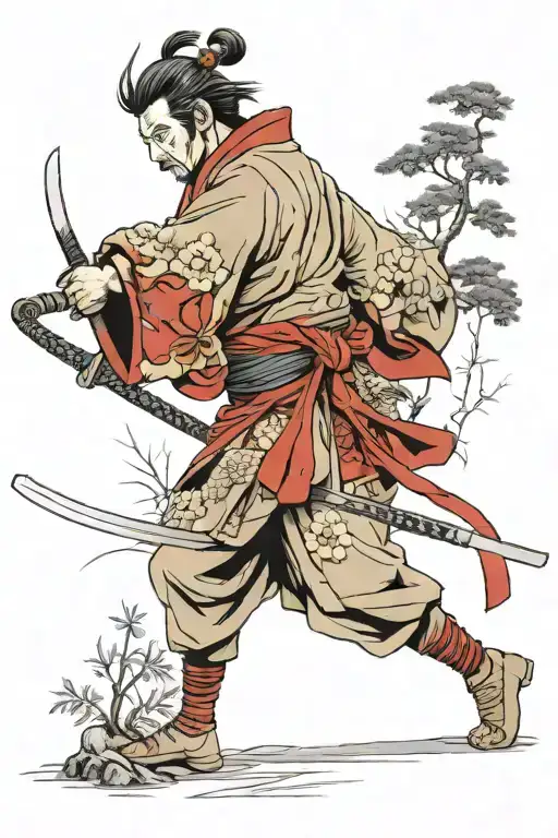 Neotraditional Design Of A Samurai Warrior In A Forest Preparing For Hara-kiri